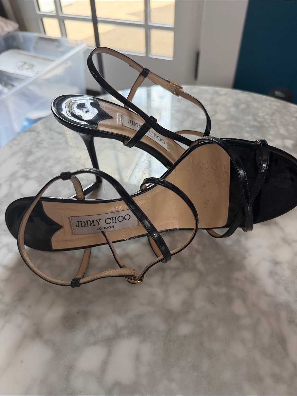 Jimmy Choo Dark Navy Patent Leather Sandals - like new on top, scuffed soles - Picture 4 of 12